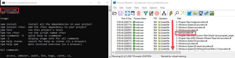 Process Monitor (Sysinternals) with filters for “Process Name” = “node.exe” and “Result” include “NOT FOUND”