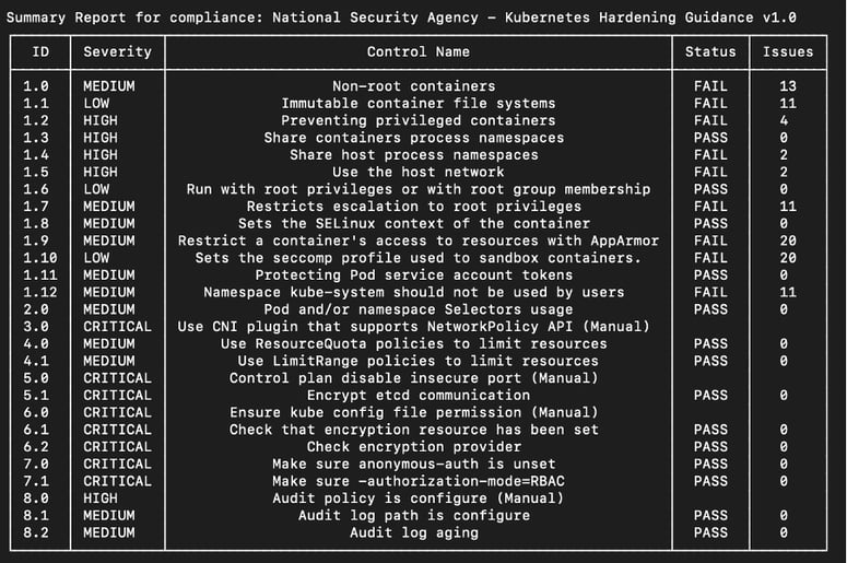 Screenshot of the result for the NSA summary scan