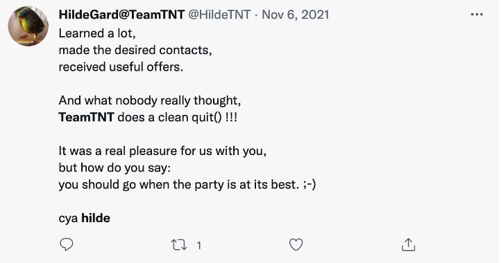 Tweet by TeamTNT saying farewell 