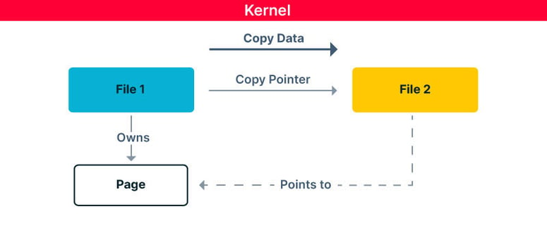 When a modification to the page is required the kernel copies the data to a new page and modifies it there