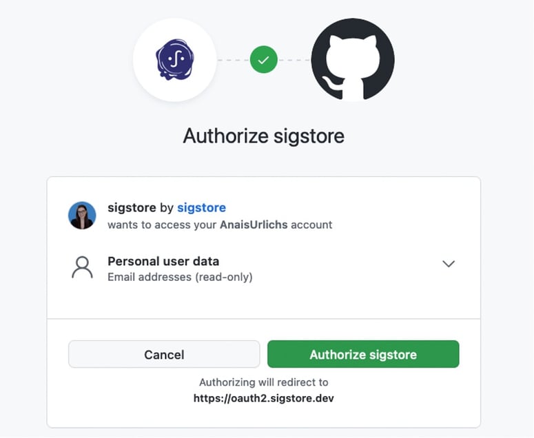 A pop-up asks you to log into Sigstore