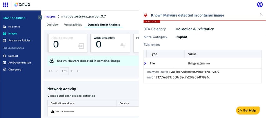 Aqua’s Dynamic Threat Analysis (DTA) - known malware detected in container image