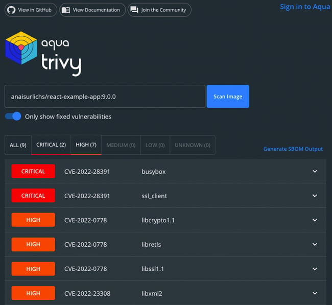 List of vulnerabilities found by Trivy