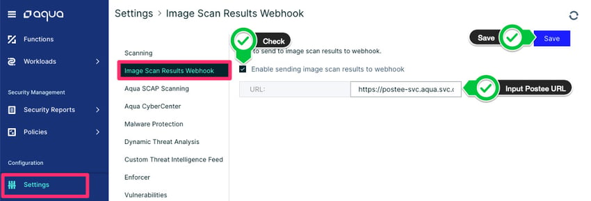  Image Scan Results Webhook page in the Aqua console