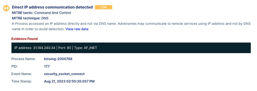 Figure 13: Event description - Kinsing malware conducts direct communication to download the cryptominer