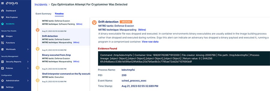 Figure 14: Drift Detection - The file kdevtmpfsi (a Monero cryptominer) is downloaded into the container